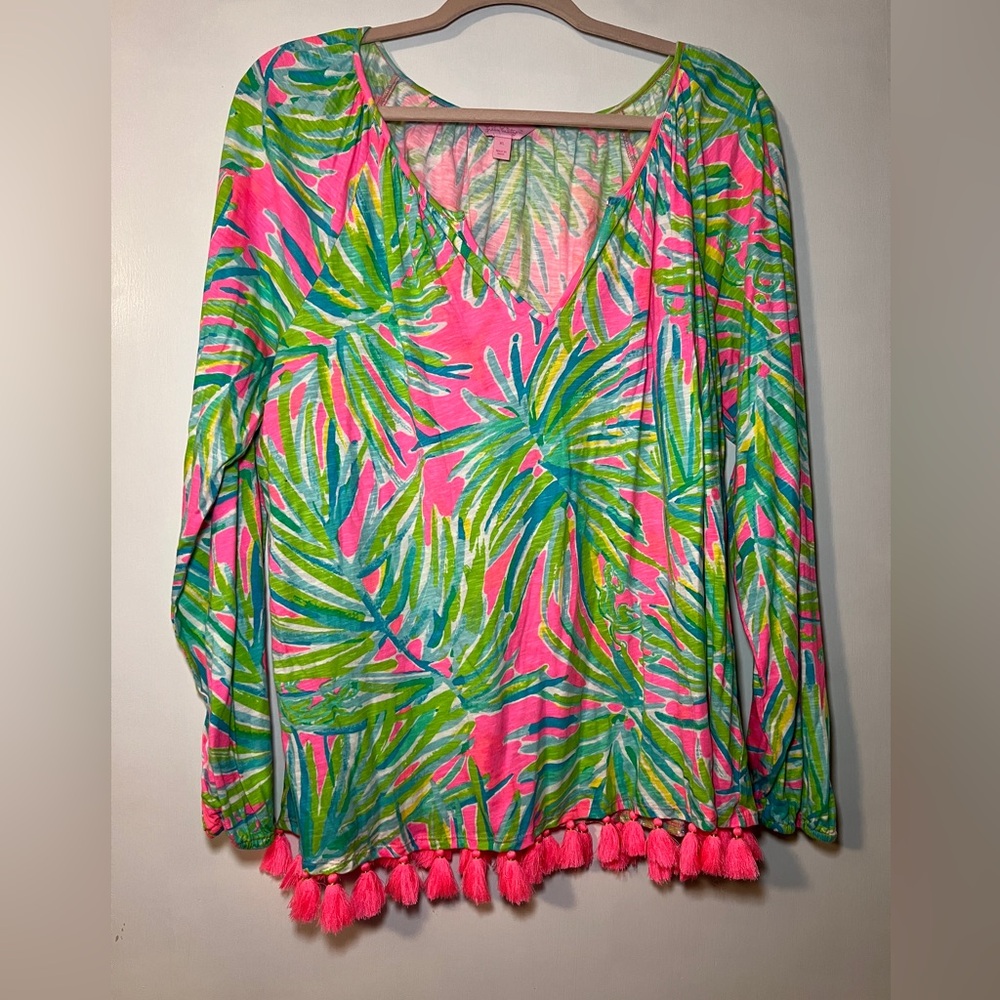 Lilly Pulitzer Linzy Top Tiki Pink Royal Lime Size XL Tassels EUC